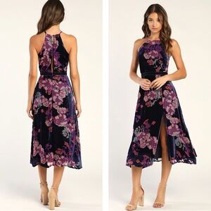 Lulus Woman Blue Purple Floral Velvet Halter Midi Dress MEDIUM Party Cocktail